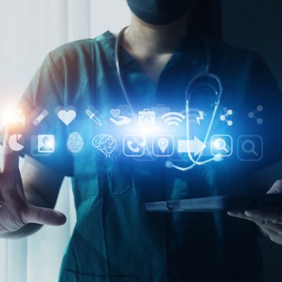 Doctor or pharmacist using tech.