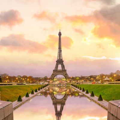 Eiffel Tower at sunrise in Paris, France.