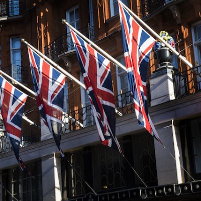 Union Jacks flying in London.
