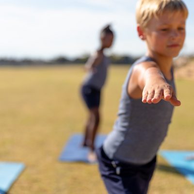 School children exercising.