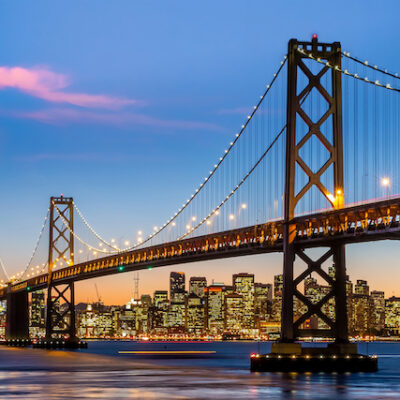 San Francisco Bay Bridge and the downtown skyline.