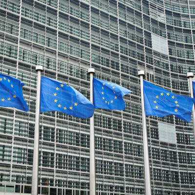 European flags in front of the Berlaymont building, headquarters of the European commission in Brussels.