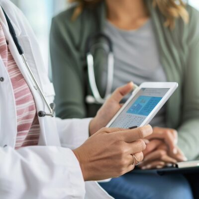 Doctor and patient reviewing medical information on a tablet in a clinical setting.