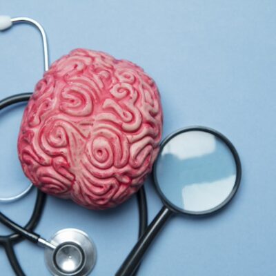 A human brain and a stethoscope concept image.