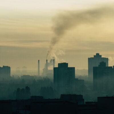 Smokey and polluted city landscape.