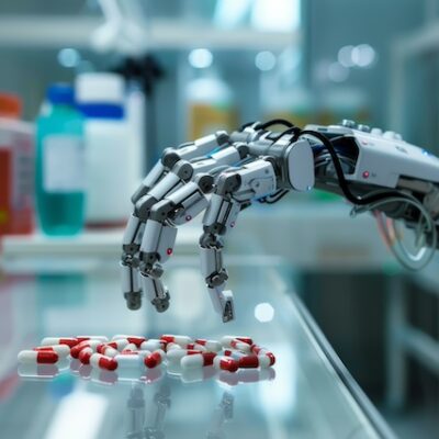 A robotic hand reaches out towards pills on a table.