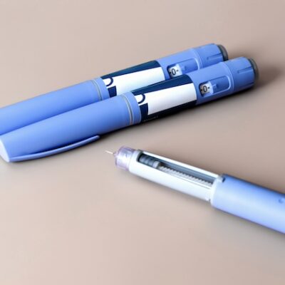 Three obesity medication pens on a desk.