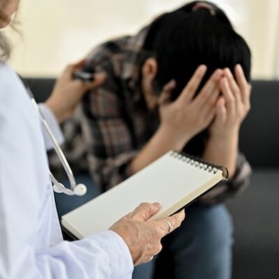 Struggling patient with doctor in hospital setting.