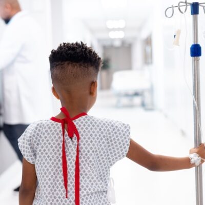 Rear view of child surgery patient.