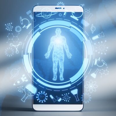 Close up of smartphone with round medical interface with human body outline and healthcare icons on concrete wall background. Telemedicine and innovation concept. 3D Rendering.