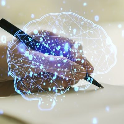 Creative artificial Intelligence concept with human brain hologram and man hand writing in notebook.