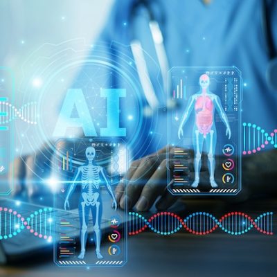 Doctor using AI technology to analyze patient health data.