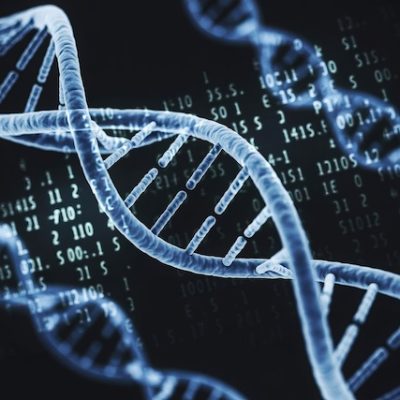 DNA double helix against a dark background.