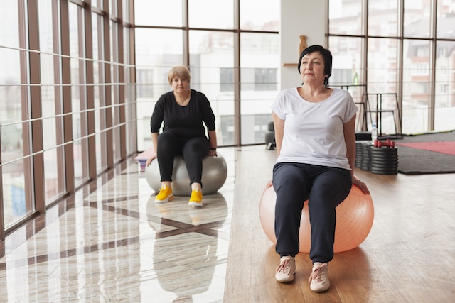 Women using exercise balls in a gym hall.