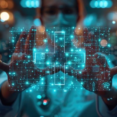 Healthcare professional and AI concept image.