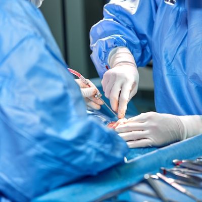 Surgeon and his assistant performing bariatric surgery on a patient.