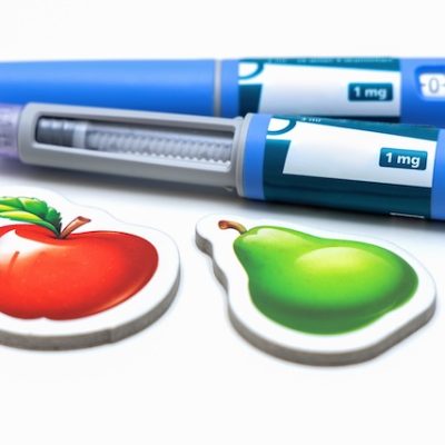 Ozempic pens and fruit symbols on a white table.