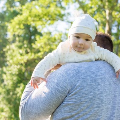 Father carrying child on his shoulder.