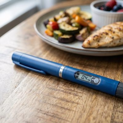 GLP-1 pen and some healthy food on a wooden table.
