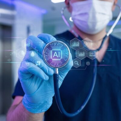 Doctor using a stethoscope and AI concept image.