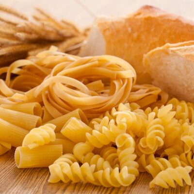 Foods high in carbohydrates on a table.
