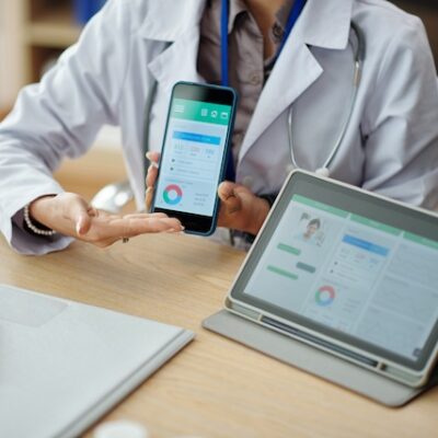 Health monitoring app in a doctor's office.