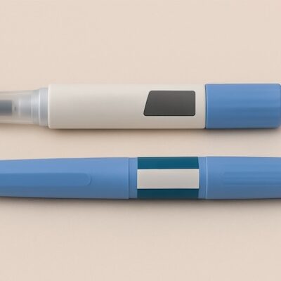 GLP-1 pens on a beige background.