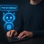 Person Interacting with AI Assistant Chatbot on Laptop.