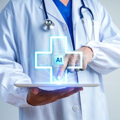 Doctor using tablet with AI in a healthcare setting.