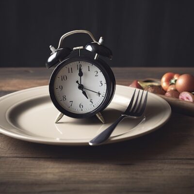 Illustration of an alarm clock on a plate.