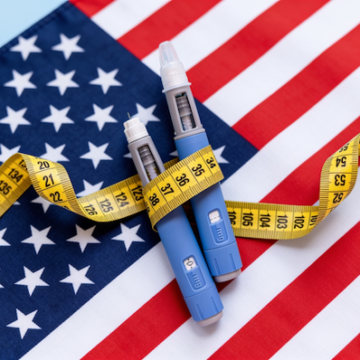 GLP-1s and a measuring tape in front of a US flag.