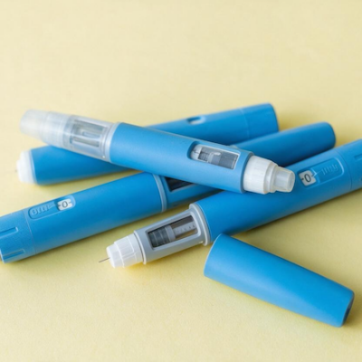 Ozempic pens on a yellow background.