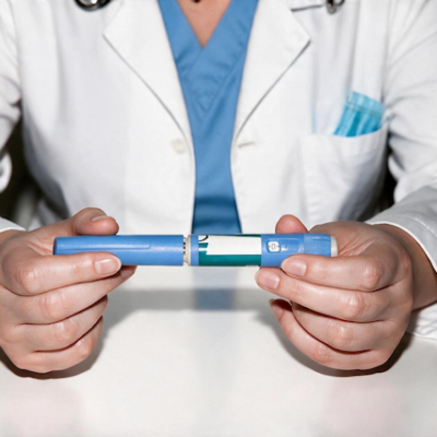 Doctor holding a GLP-1RA pen in their hands.