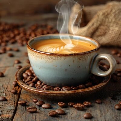 A cup of coffee on a bed of coffee beans.