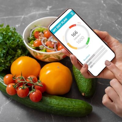 Woman using dieting app to track nutrition facts and calories in her food.