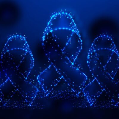 Digital blue ribbons symbolic of cancer care.
