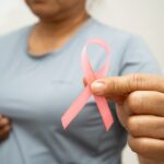 Woman representing a breast cancer charity.