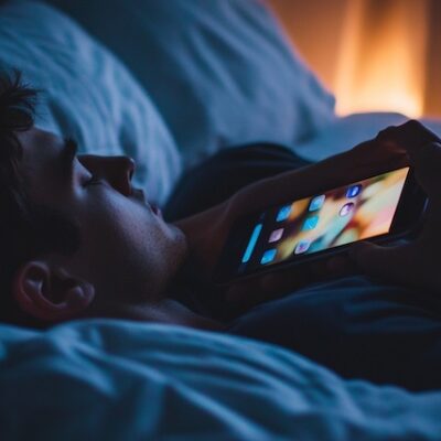 Man using a smartphone while he sleeps.