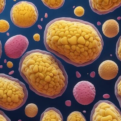 Yellow human adipose tissue cells under a microscope fat cells cholesterol close up 3d rendering.